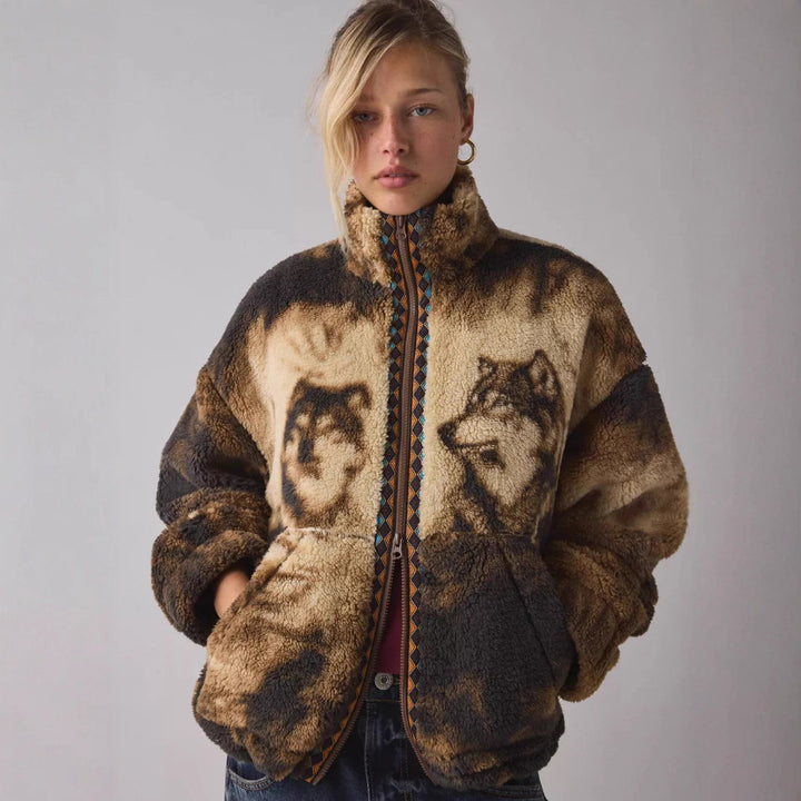 Veste en polaire pour femmes avec motif animal et col montant Chic & Stil