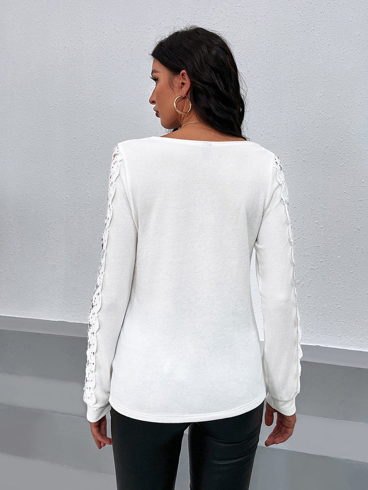 Ladies Elegant Top with Lace Sleeves and Chic V Neck