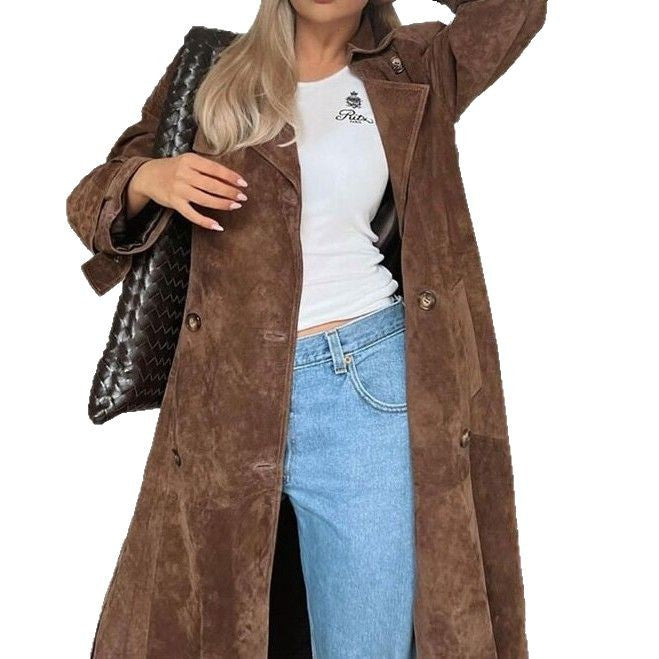 Women Long Suede Coat with Elegant Lune London