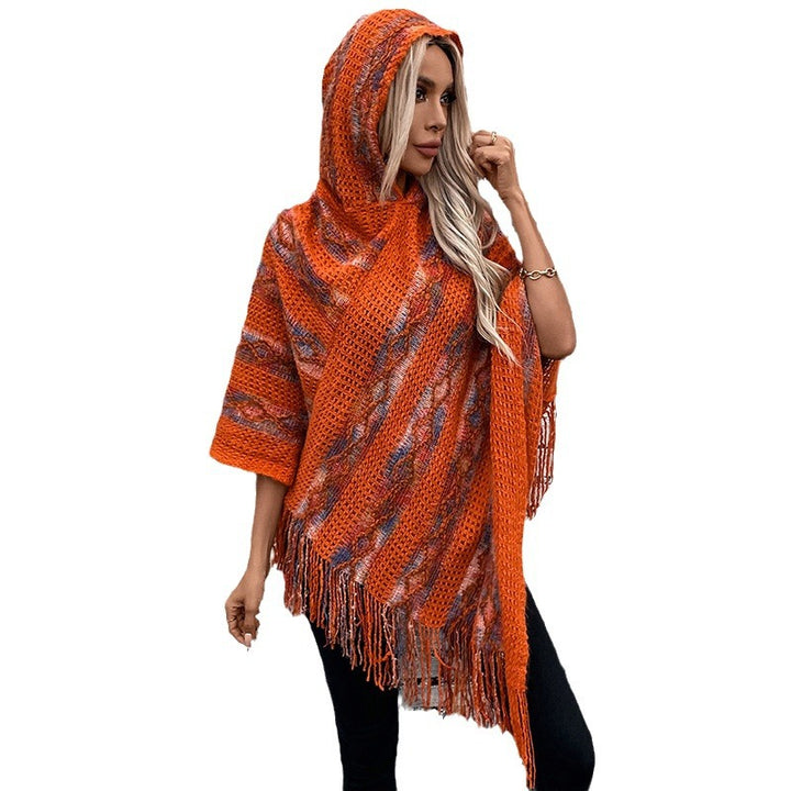 Ladies knitted poncho with hood and fringe design Lune London