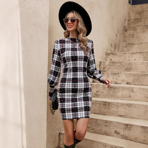 Fitted checkered dress for women with high collar and puff sleeves Lune London