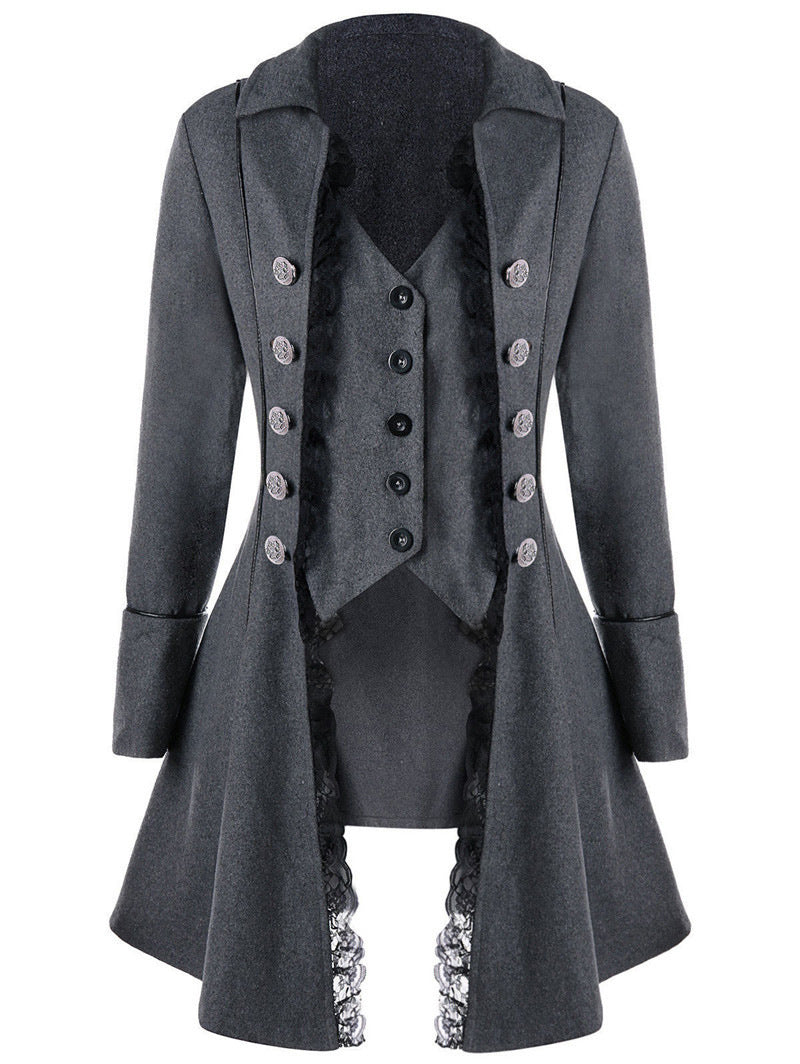 Ladies elegant traditional coat with delicate lace inserts and refined button details Lune Londonl