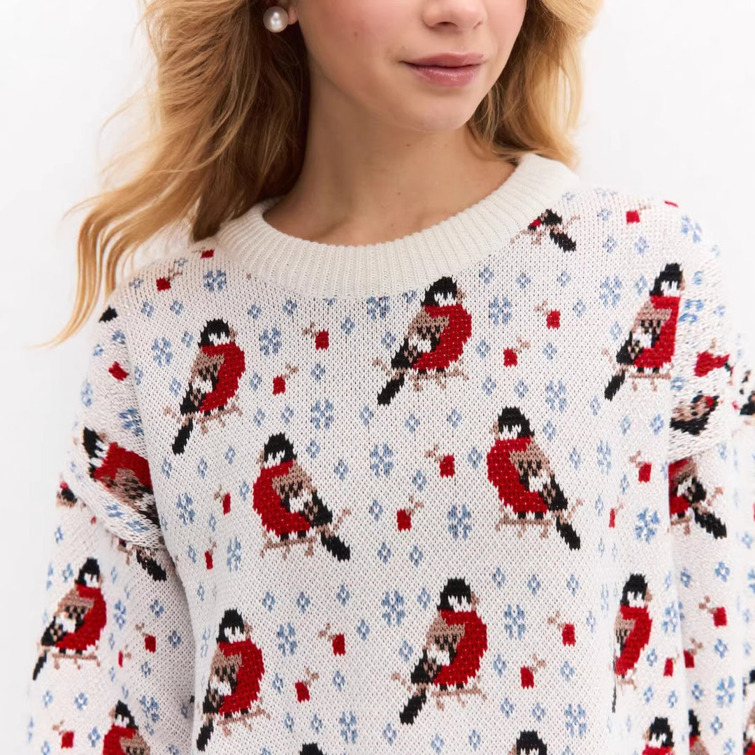Dames Pull Confortable avec Motif Festif de Petits Oiseaux Chic & Stil