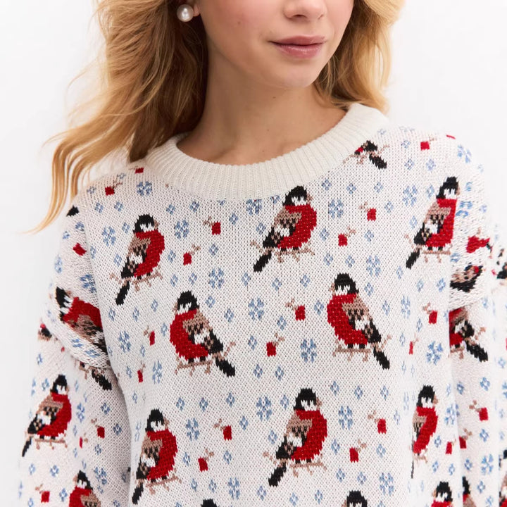 Dames Pull Confortable avec Motif Festif de Petits Oiseaux Chic & Stil