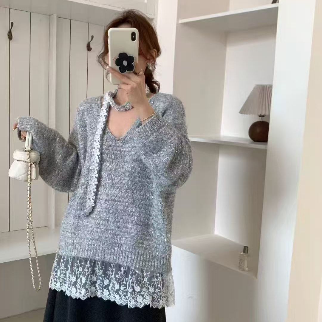 Pull en tricot cosy pour femmes avec bas en dentelle élégant Chic & Stil