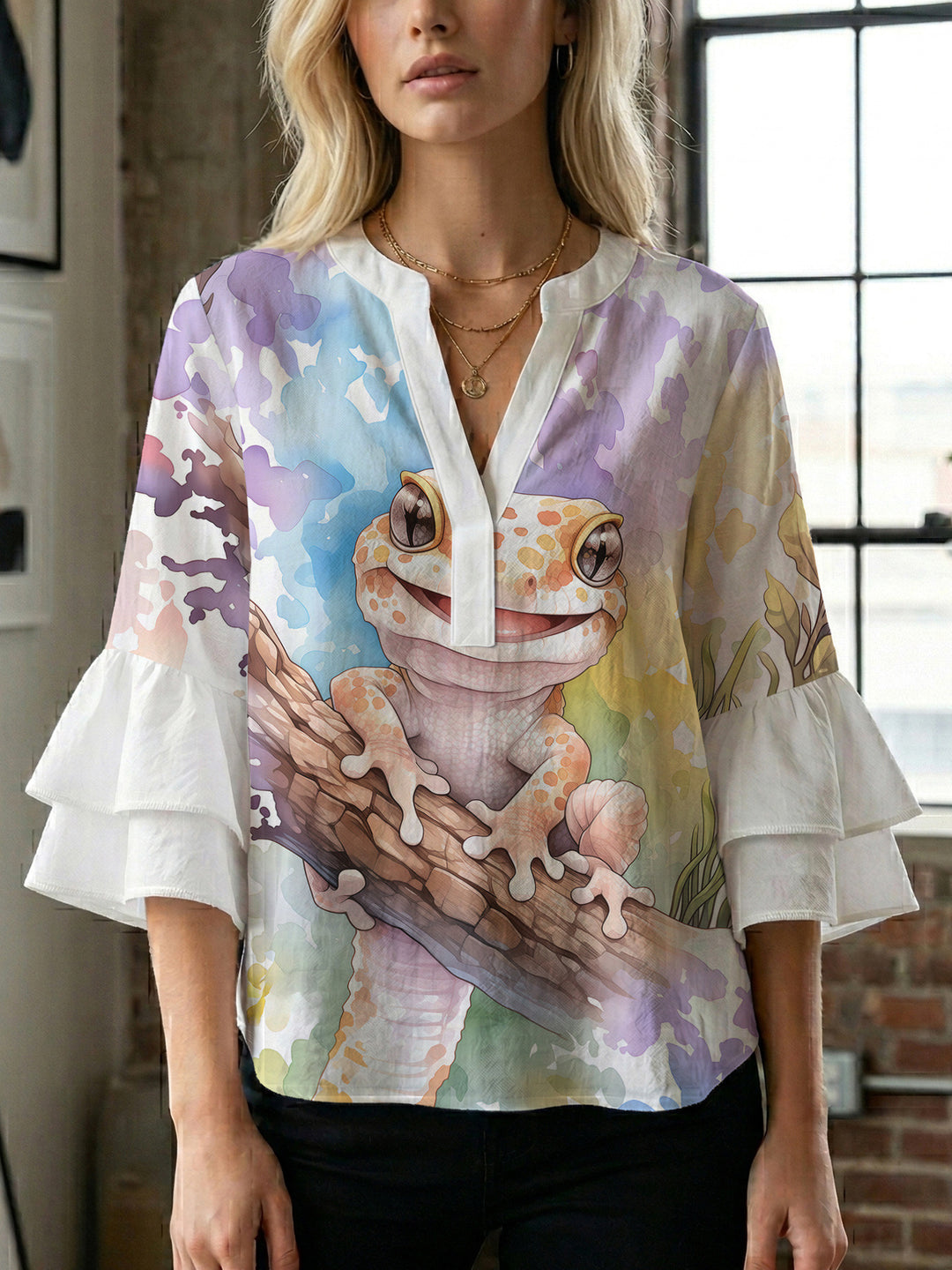 Women Elegant Top with Voluminous Puff Sleeves and Floral Print Lune London