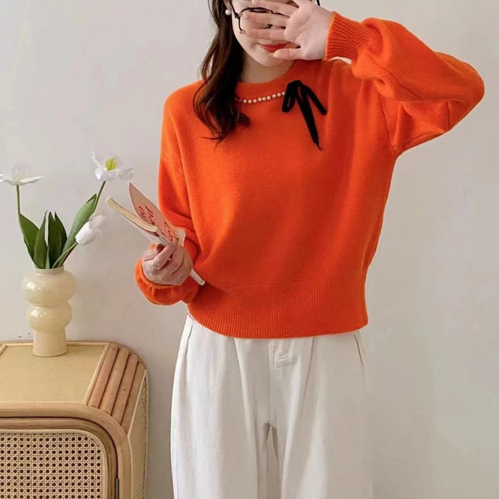 Ladies' fashion sweater with decorative band and pearl details Lune London
