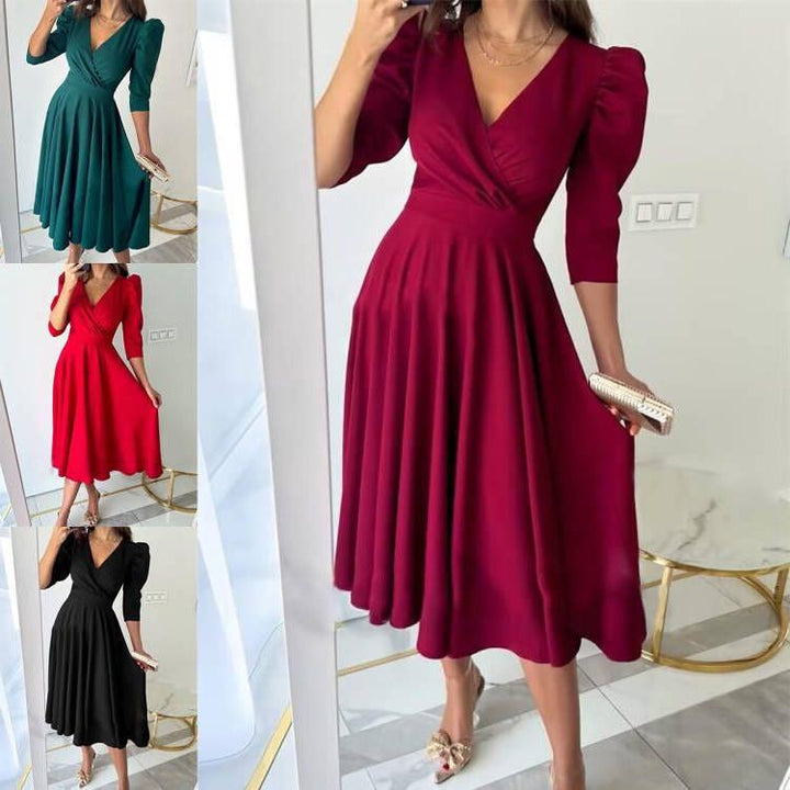 Lune London A-line festive dress for women with puff sleeves and V-neck