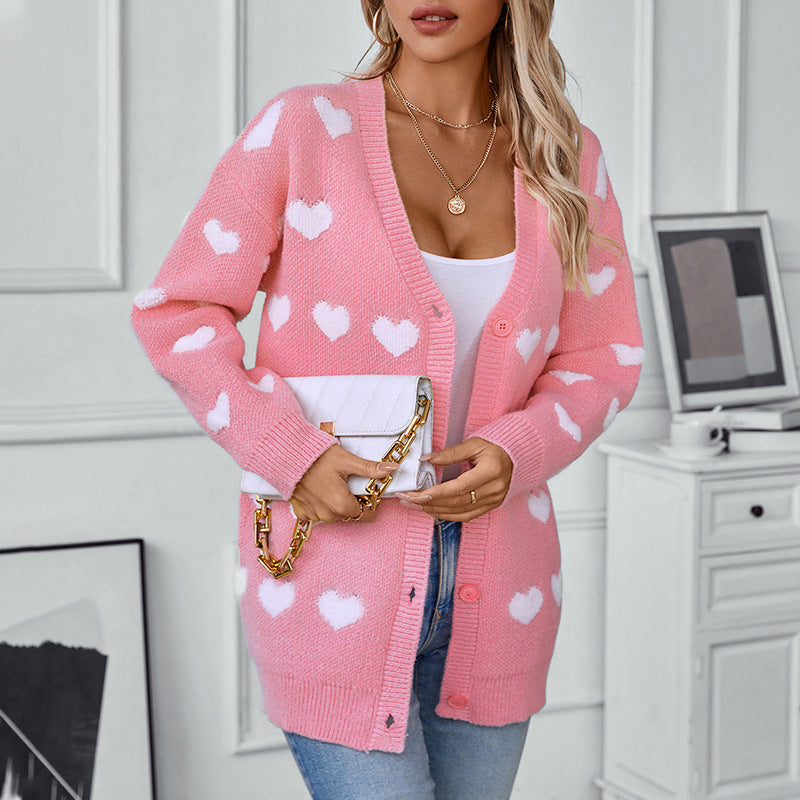 Comfortable cardigan for women with heart pattern and V-neck Lune London