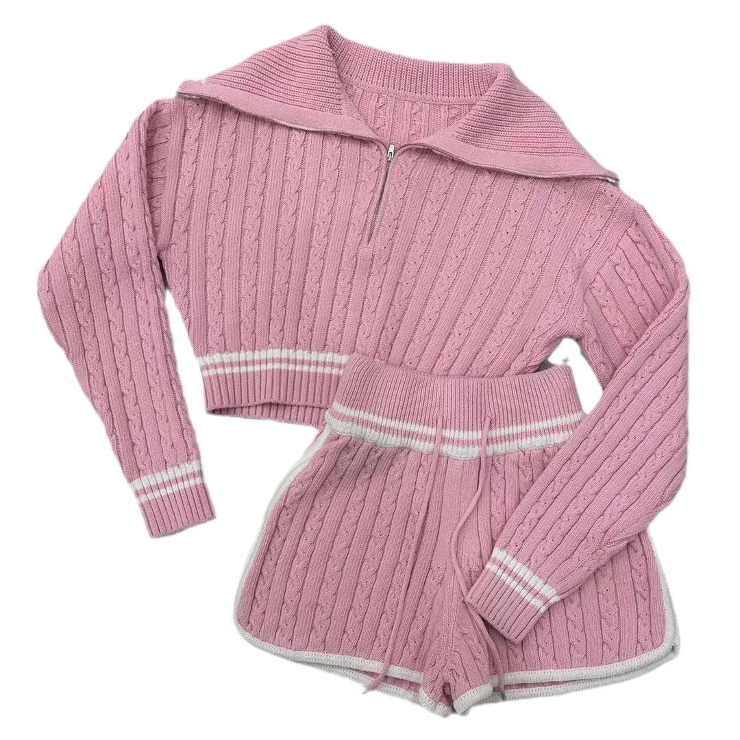 Knitted short sweater for women with a high collar and shorts in the Lune London set