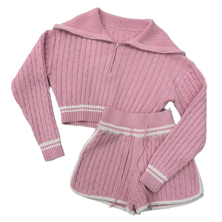 Knitted short sweater for women with a high collar and shorts in the Lune London set