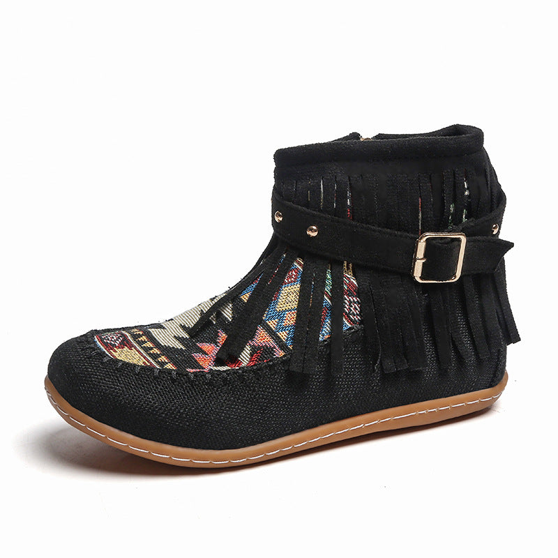 Short fringe boots for women made of high-quality fabric with a colorful ethnic pattern Lune London