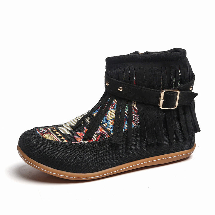 Short fringe boots for women made of high-quality fabric with a colorful ethnic pattern Lune London