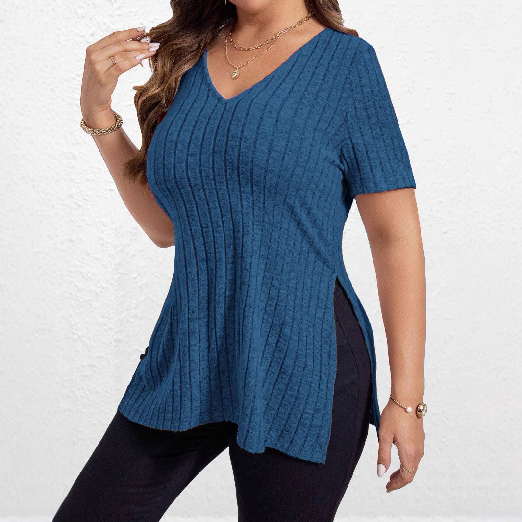 Ladies casual V-neck top with textured rib pattern Chic and Style