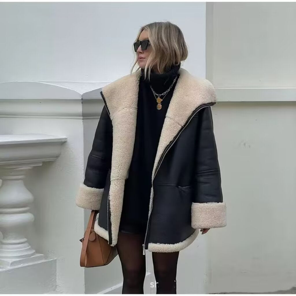Faux leather jacket for women with cozy fleece lining and practical pockets Lune London