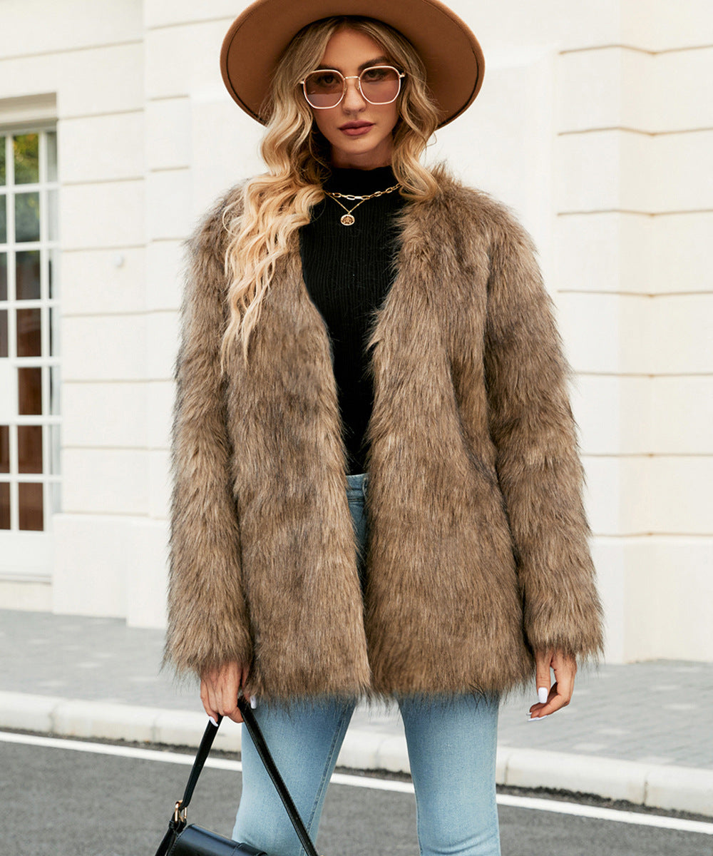 Ladies Luxury Faux Fur Coat with Open Collar Lune London