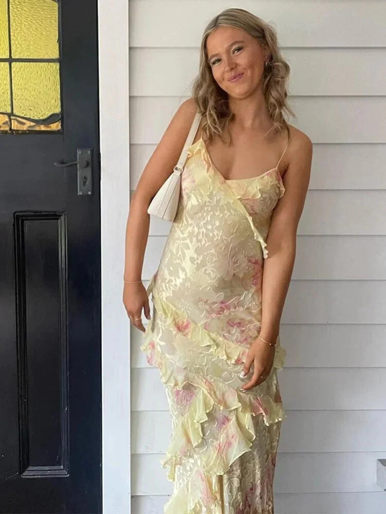 Ladies Long Maxi Dress with Playful Ruffle Details and Floral Pattern