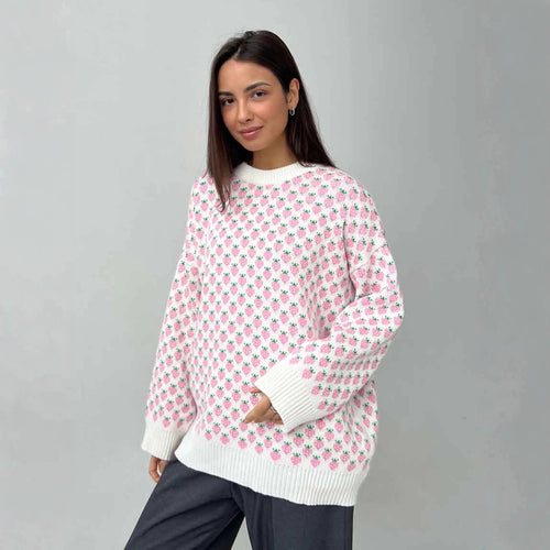 Women Oversized Sweater with Floral Knit Structure Lune London