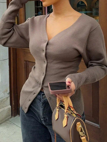 Knitted women's jacket with V-neck and button row Lune London