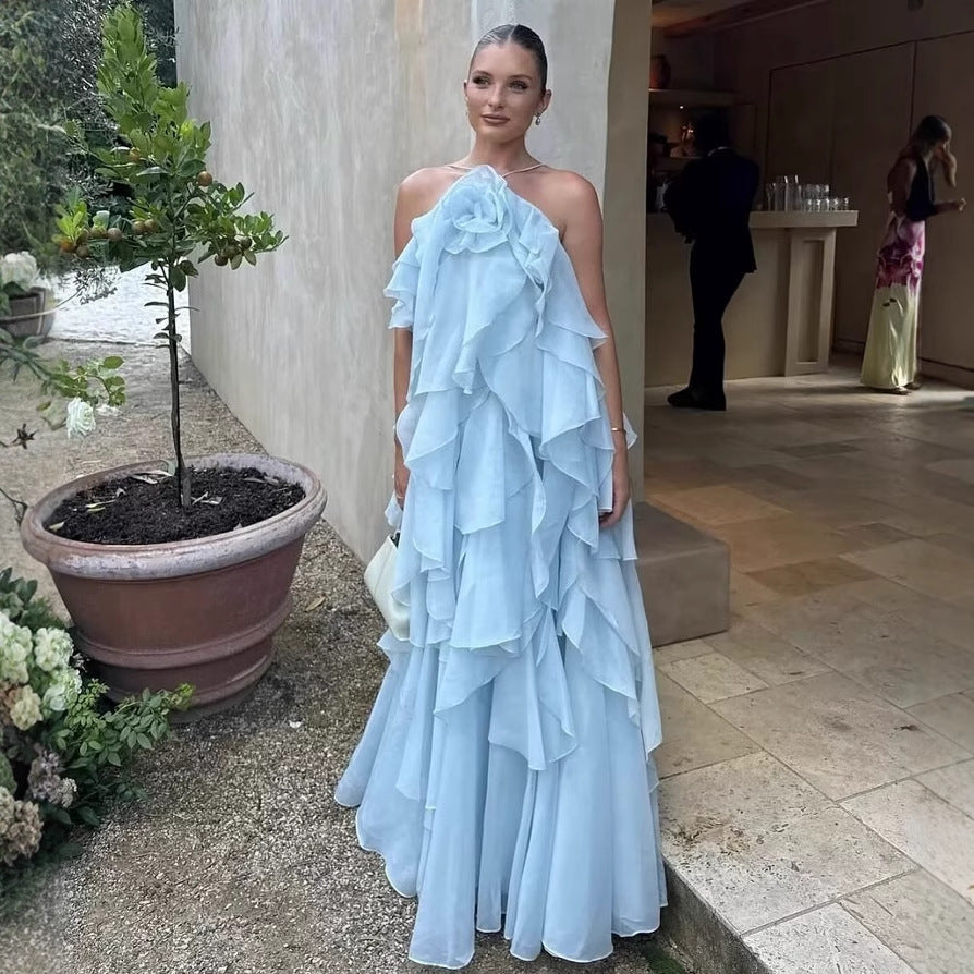 Maxi dress for women with voluminous ruffles and floral accents Lune London