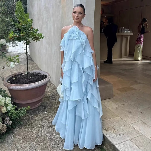 Maxi dress for women with voluminous ruffles and floral accents Lune London
