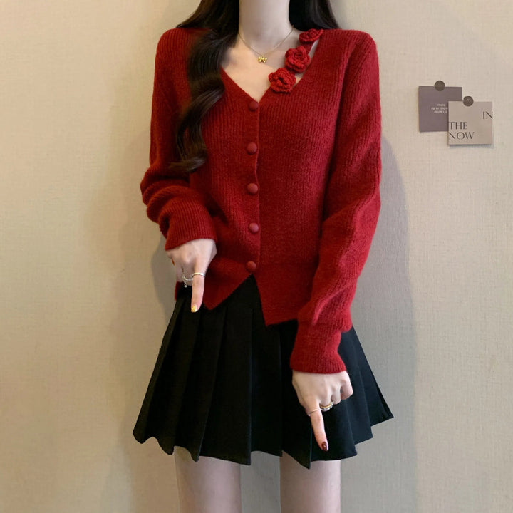 Women's knitted jacket with floral detail and button closure Lune London