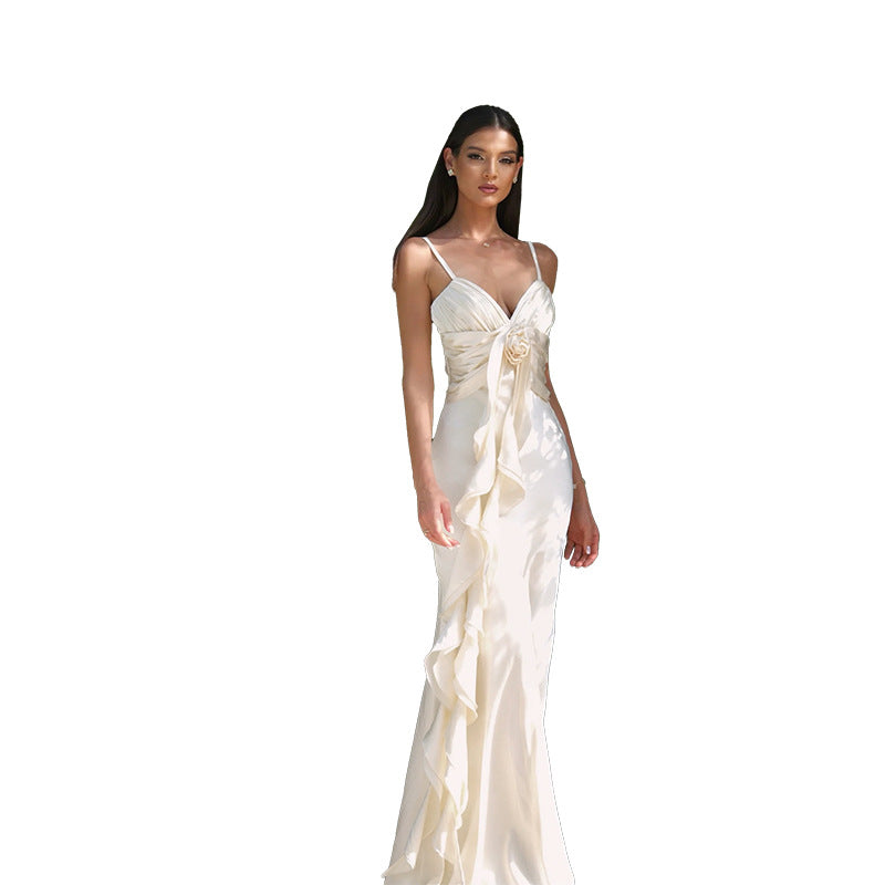 Elegant satin evening dress with ruffles for ladies Lune London