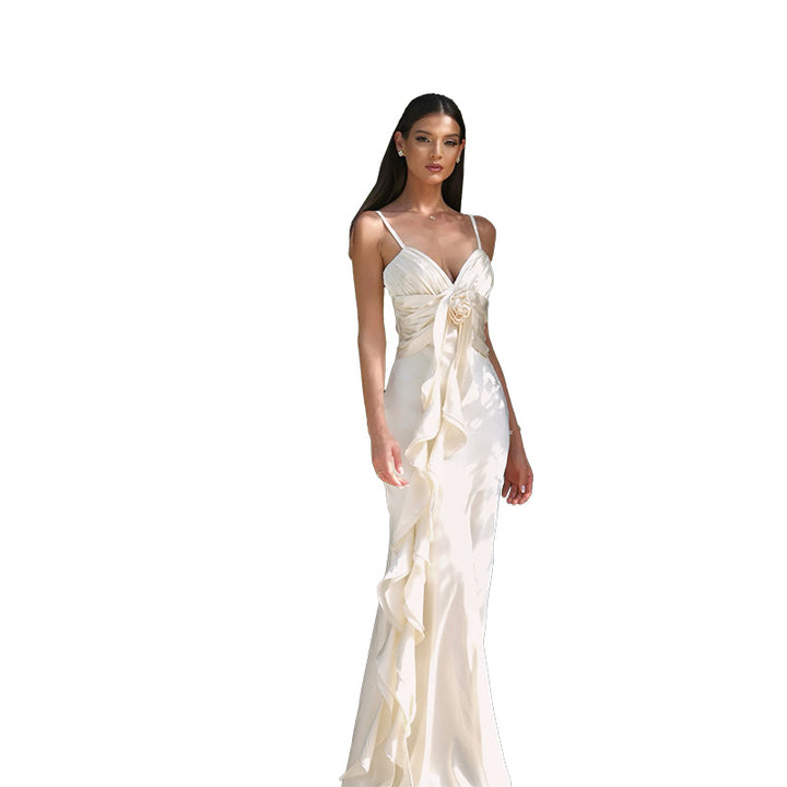 Elegant satin evening dress with ruffles for ladies Lune London