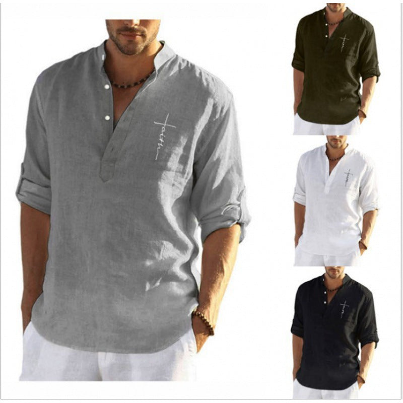 Casual linen shirt for men with a short stand collar and decorative button closure Lune London