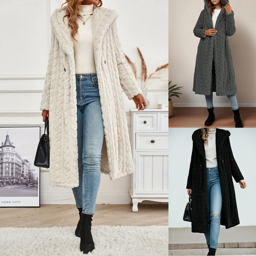 Ladies Long Knit Coat with High Collar and Fluffy Texture Lune London