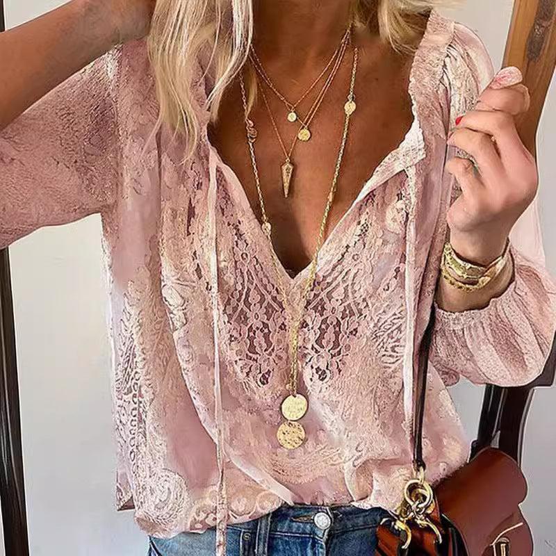 Ladies Elegant and Feminine Blouse with V-Neck and Lace Accents Lune London