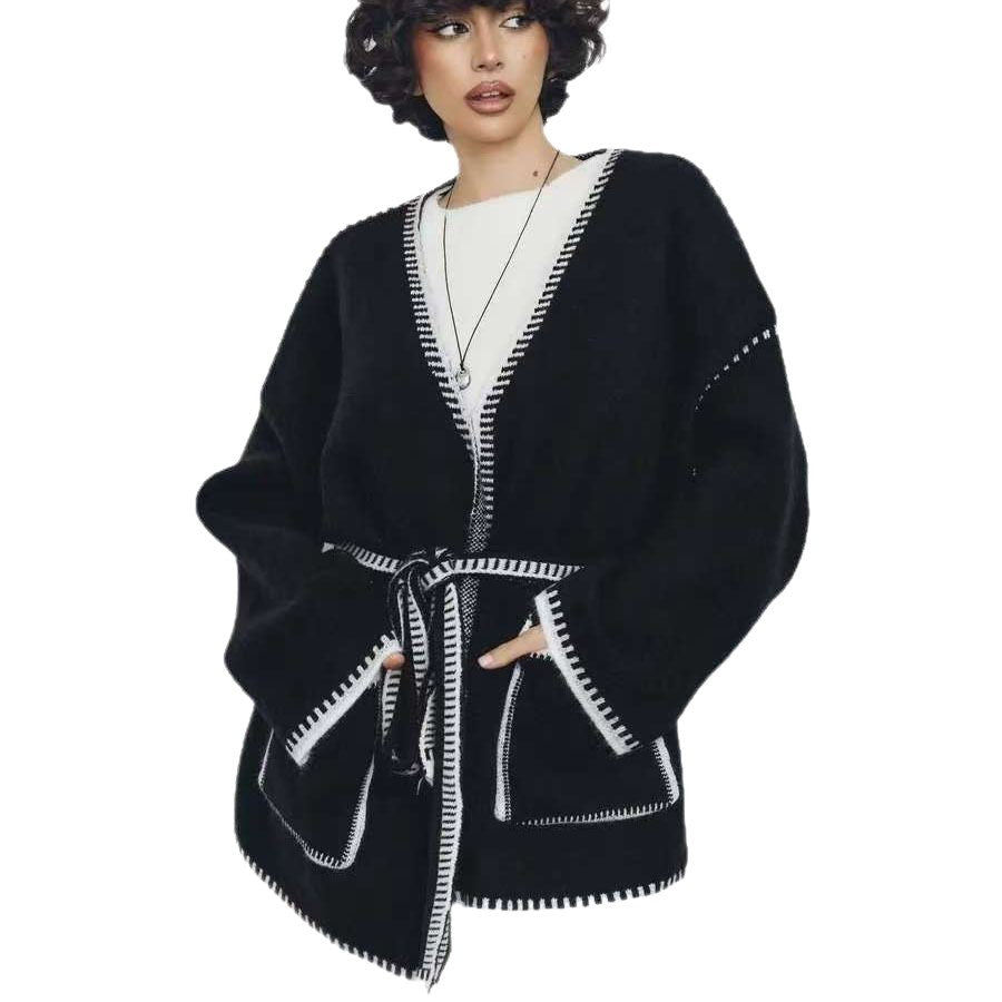 Knitted jacket for women with belt and large pockets Lune London