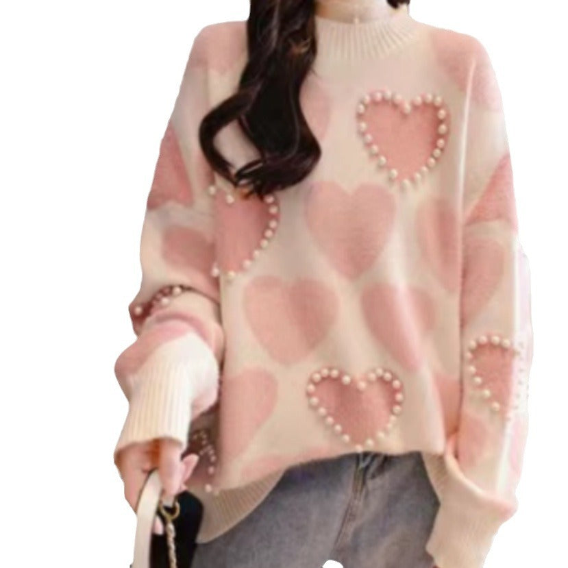 Ladies Knitted sweater with heart-shaped appliqués and ribbed collar Lune London