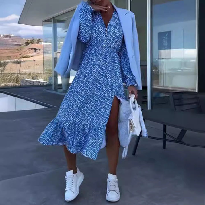 Robe portefeuille pour femmes avec volant floral et détails de boutons Chic & Stil