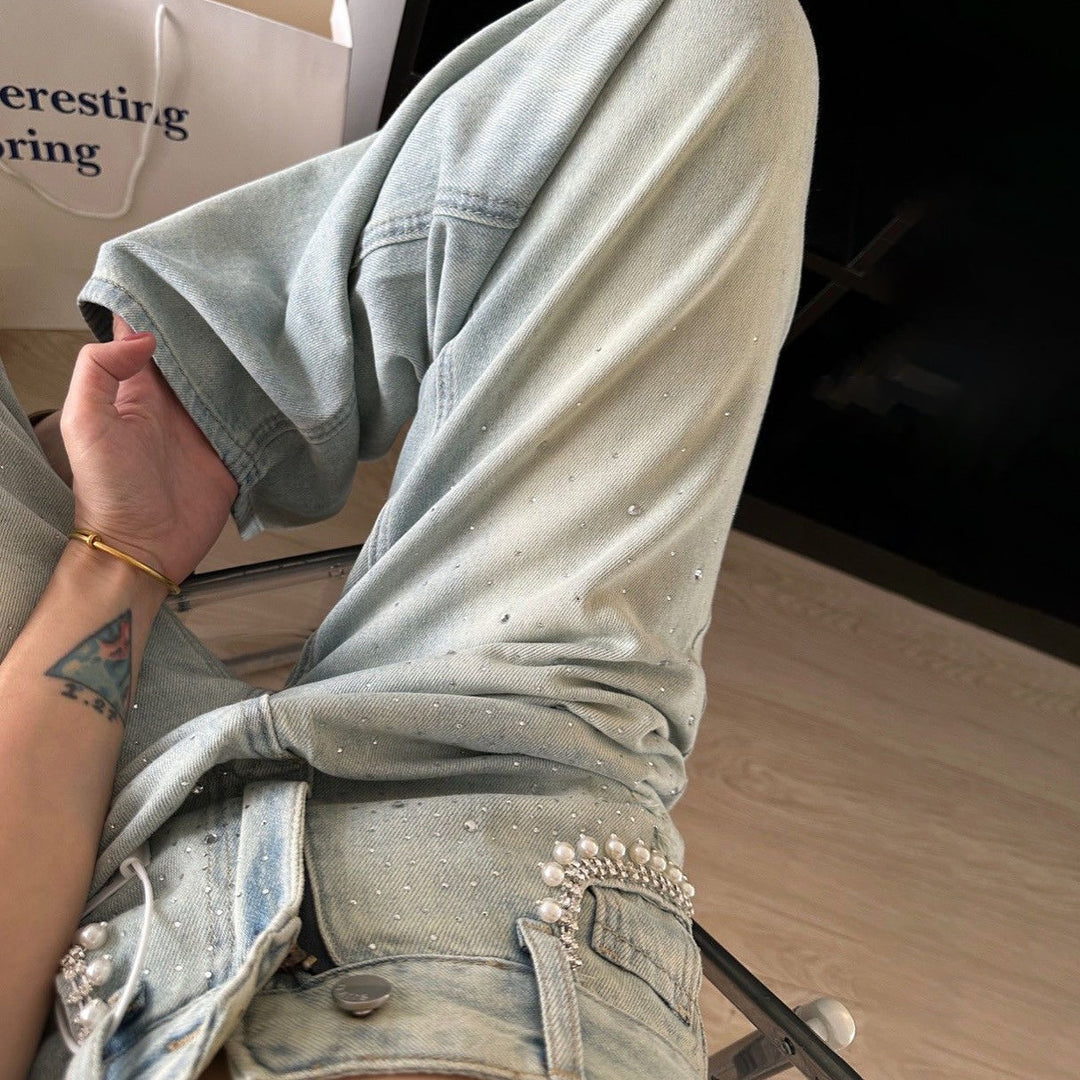 Women's denim pants with elegant pearl embellishments and a trendy cut Lune London