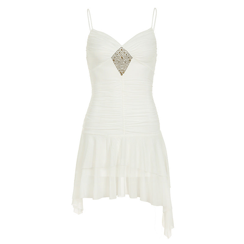 Ladies Elegant Evening Dress with Ruffle Details and Sparkling Jewelry Lune London