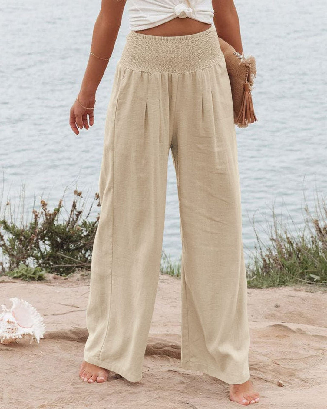 Women's Wide Linen Trousers with Elastic Waistband and Pleats Lune London