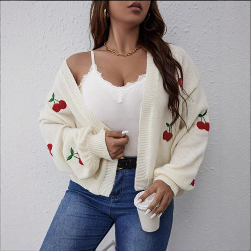 Ladies Large Cardigan with playful cherry pattern Lune London