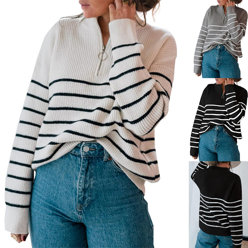 Casual sweater for women with short zipper and striped pattern Lune London