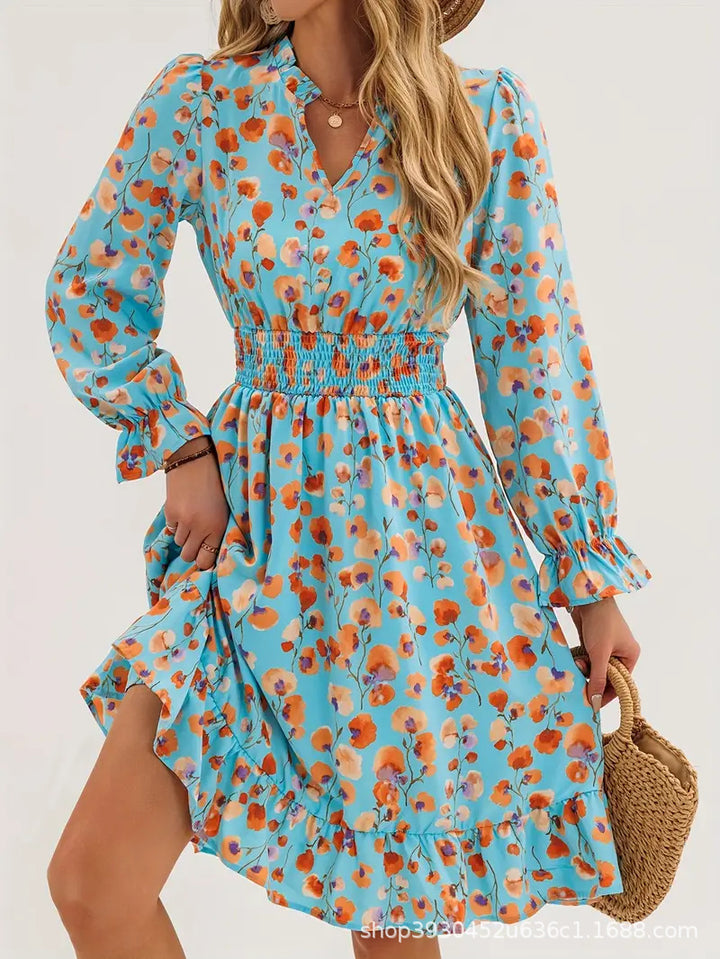 Floral print mini dress for women with voluminous sleeves and an elastic waist Lune London