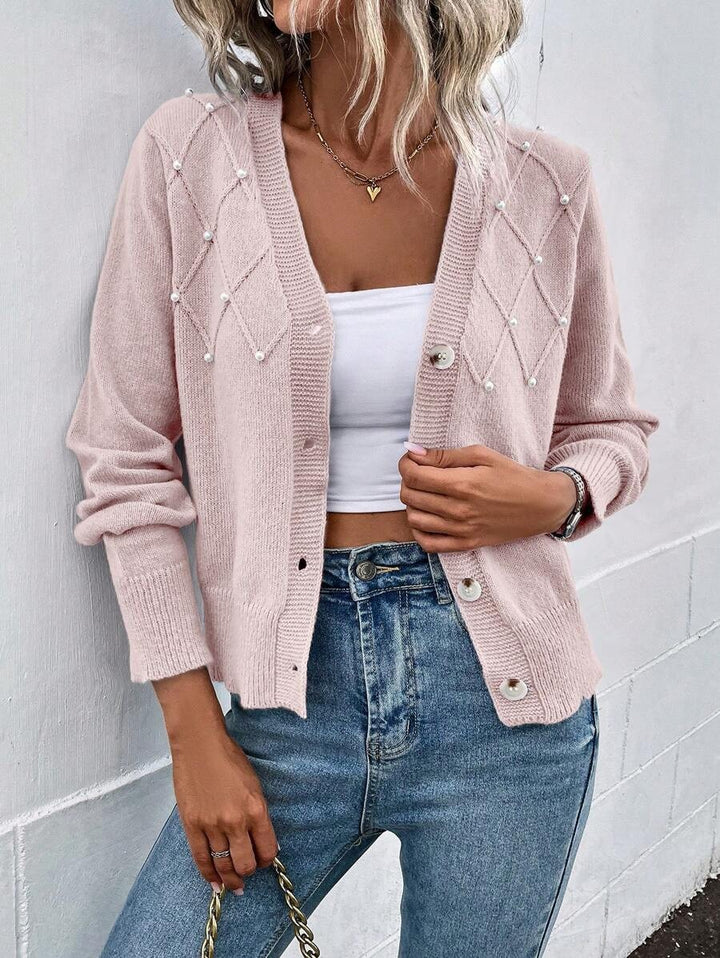 Women's knit jacket with pearl ornament and V-neck Lune London