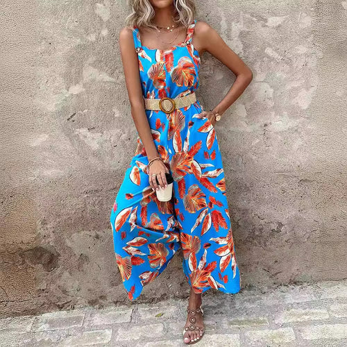Ladies Tropical Print Wide Leg Jumpsuit Lune London