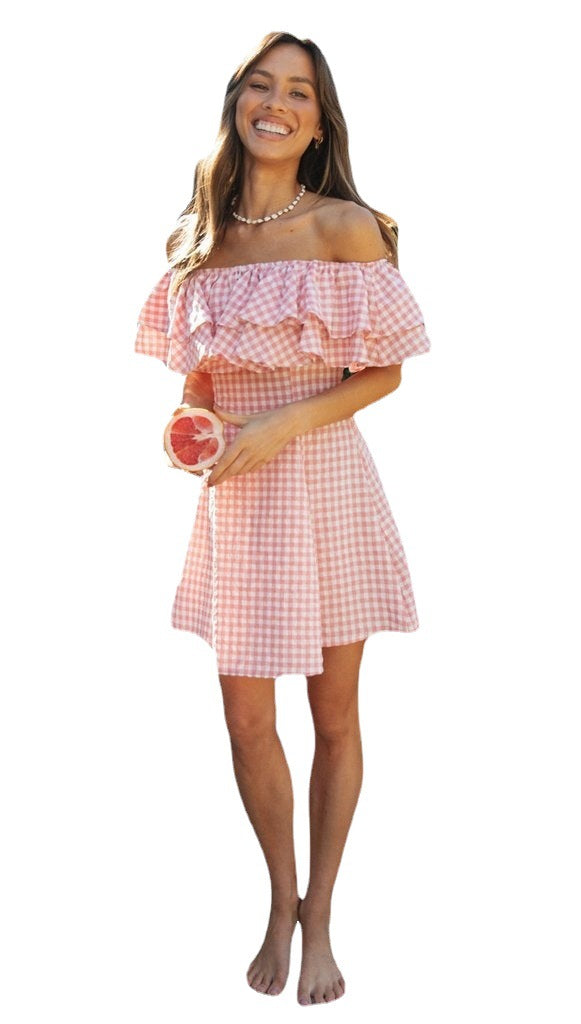 Robe d'été femme à épaules dénudées avec volants et joli motif à carreaux Chic & Stil