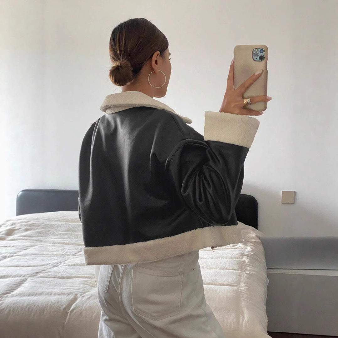Trendy plush jacket for women with shiny surface and stylish collar Lune London