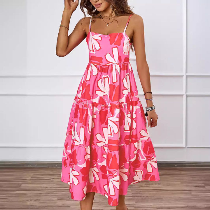 Ladies knee-length casual dress in modern layering design with colorful pattern
