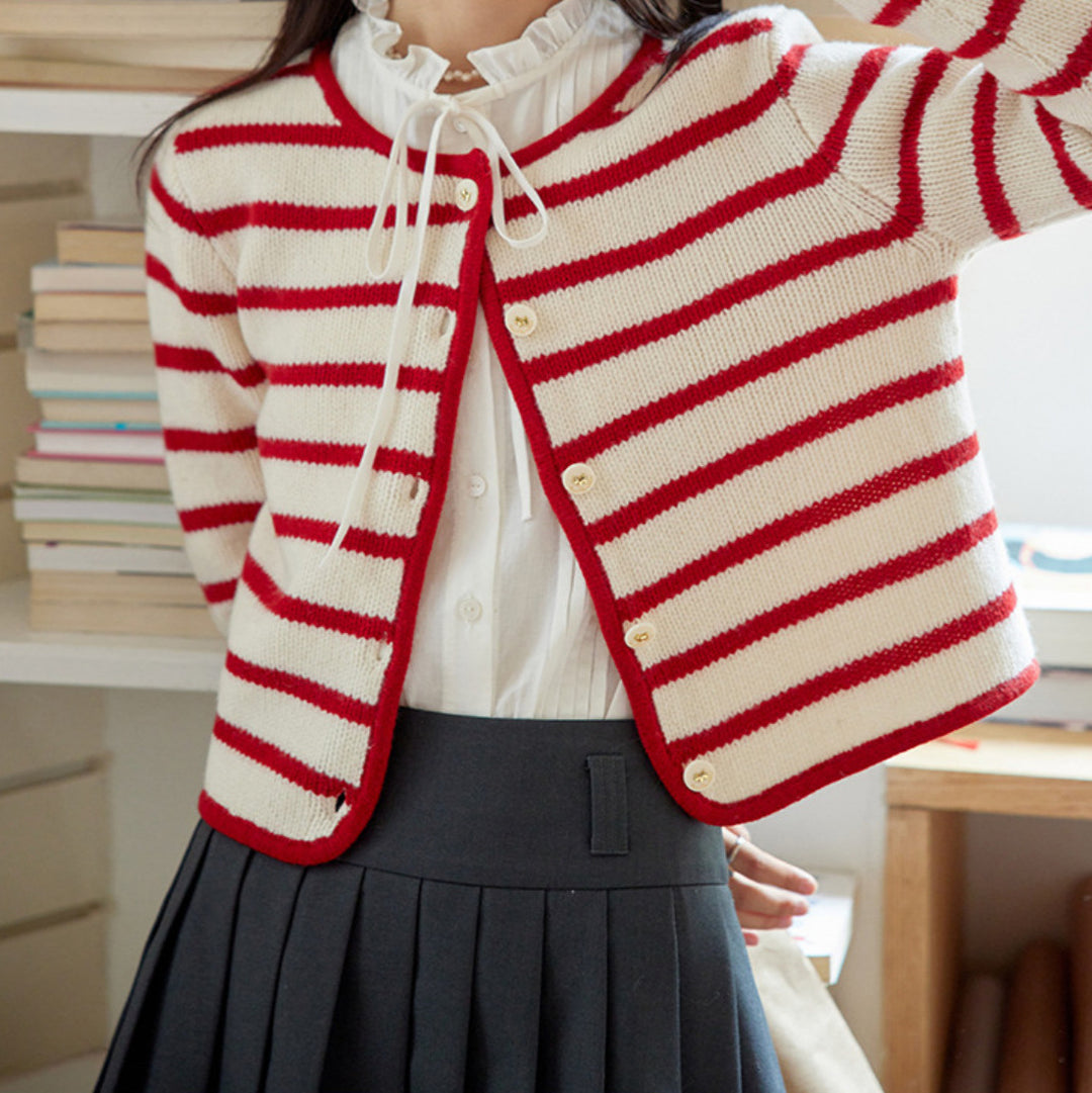 Striped knitted short-sleeve jacket for women with button closure Lune London