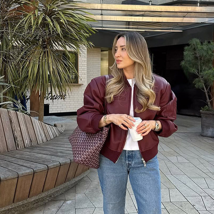 Ladies Casual Leather Jacket with Voluminous Sleeves and Zipper Lune London