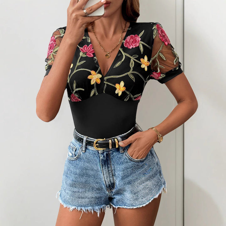 Women's Bodysuit with Floral Lace Trim and Deep V-Neck Lune London