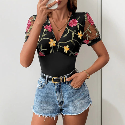Women's Bodysuit with Floral Lace Trim and Deep V-Neck Lune London