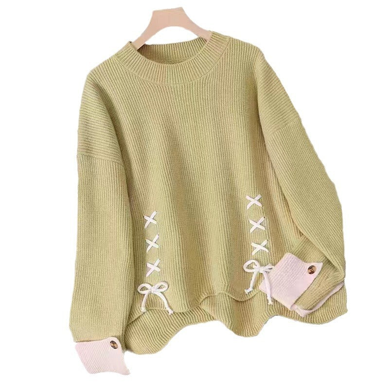 Casual knitted sweater for women with decorative knot and button details Lune London